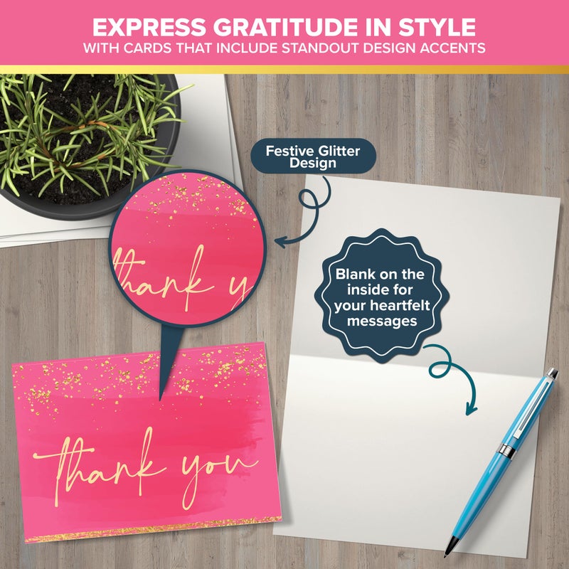 Decorably 24 Pack Glittery 6X4In Pink Thank You Cards With Envelopes And Stickers  6 Elegant Designs Pink Thank You Notes  Blank Inside - Wedding  Baby Shower  Birthday - Image 4