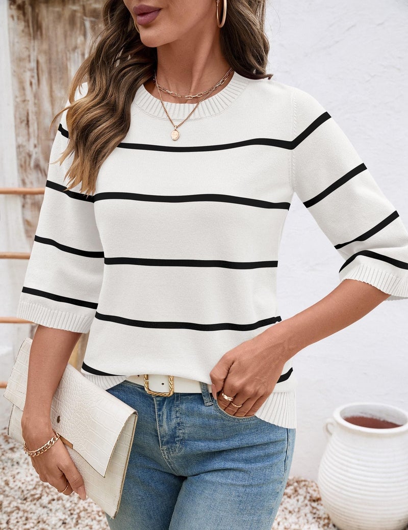 LOMON Womens Sweaters Fashion Casual Crew Neck 3/4 Bell Sleeve Knit Tops Loose Pullovers Striped Fall Sweater Shirts, L - Image 3