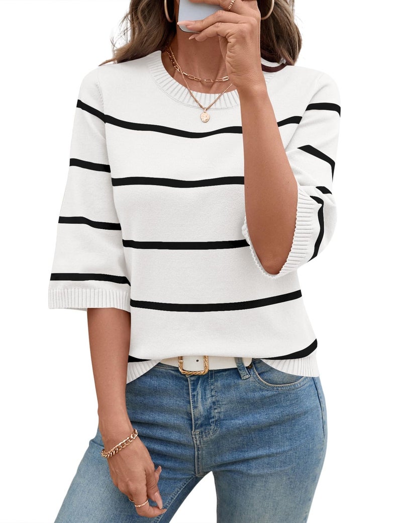 LOMON Womens Sweaters Fashion Casual Crew Neck 3/4 Bell Sleeve Knit Tops Loose Pullovers Striped Fall Sweater Shirts, L - Image 1