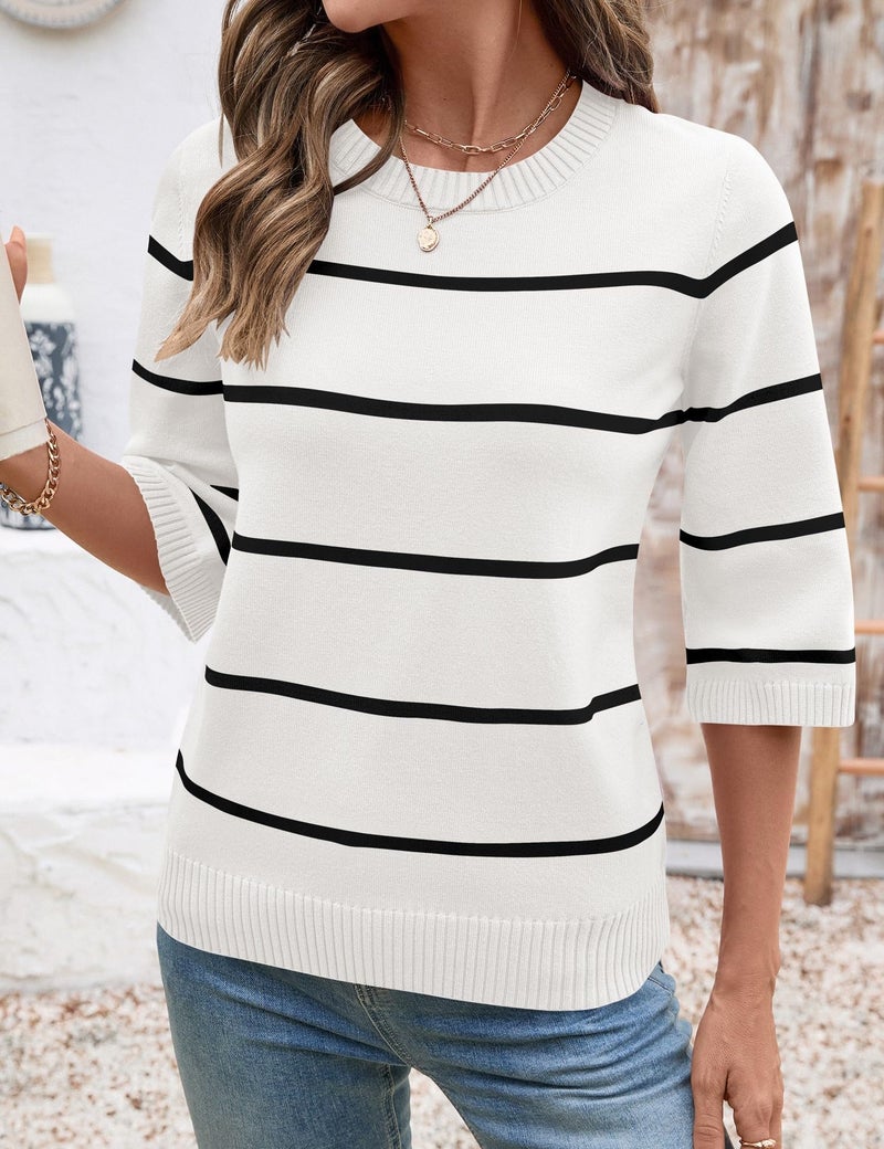 LOMON Womens Sweaters Fashion Casual Crew Neck 3/4 Bell Sleeve Knit Tops Loose Pullovers Striped Fall Sweater Shirts, L - Image 4