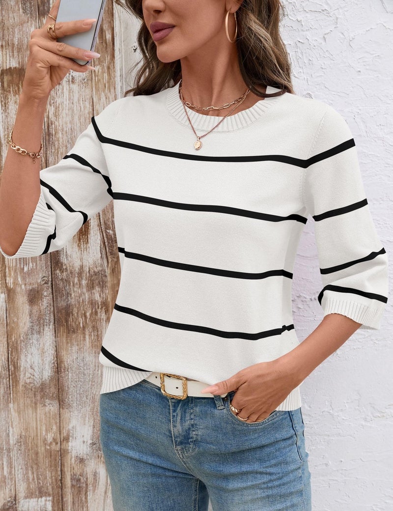 LOMON Womens Sweaters Fashion Casual Crew Neck 3/4 Bell Sleeve Knit Tops Loose Pullovers Striped Fall Sweater Shirts, L - Image 2