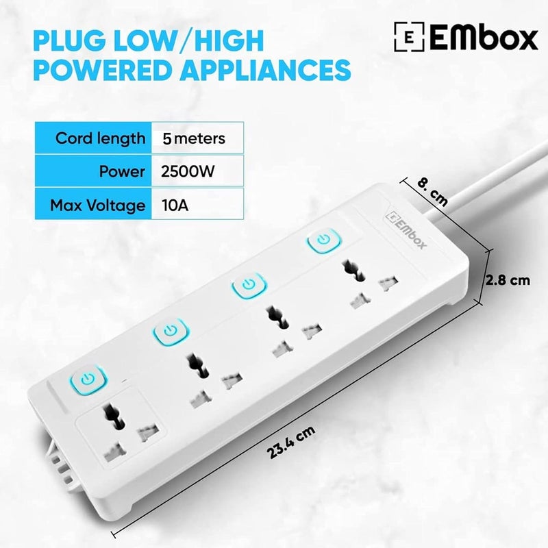 EMBOX EMBOX 10A Extension Board with 5 Meter CableSpike Guard with Individual Switch and 4 SocketsExtension Cord with Safety Shutter and Indicator2500W Extension Box 5 mtr Extension Cord  - Image 3