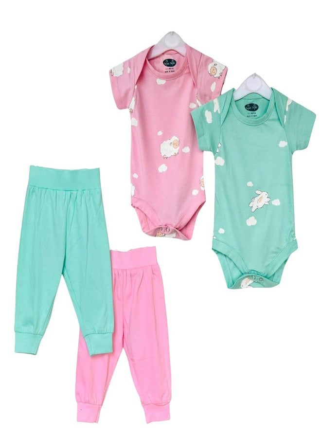 TwinsTribe Cotton Sheep & Bunnies Theme Print Twins Onesie Set for Babies (Set of 2 Onesie + 2 Joggers, 3-6 Months)
