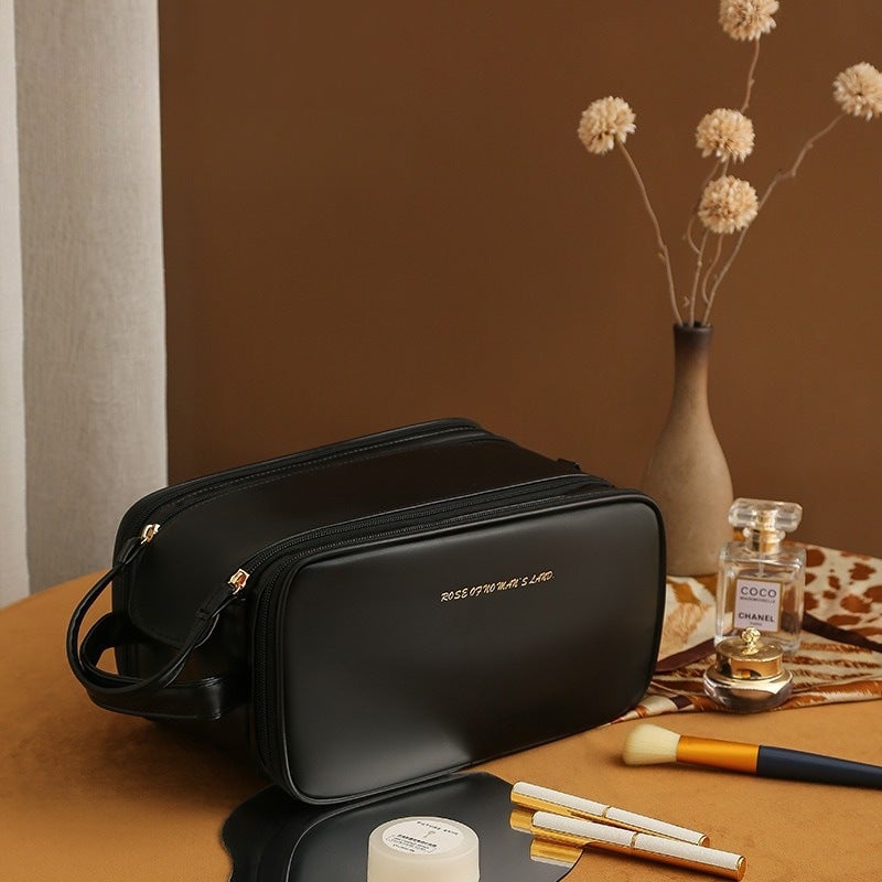 Amazon special PU leather Womens Cosmetic Bag large capacity travel portable ins high sense wash bag in stock wholesale Black-four-open zipper