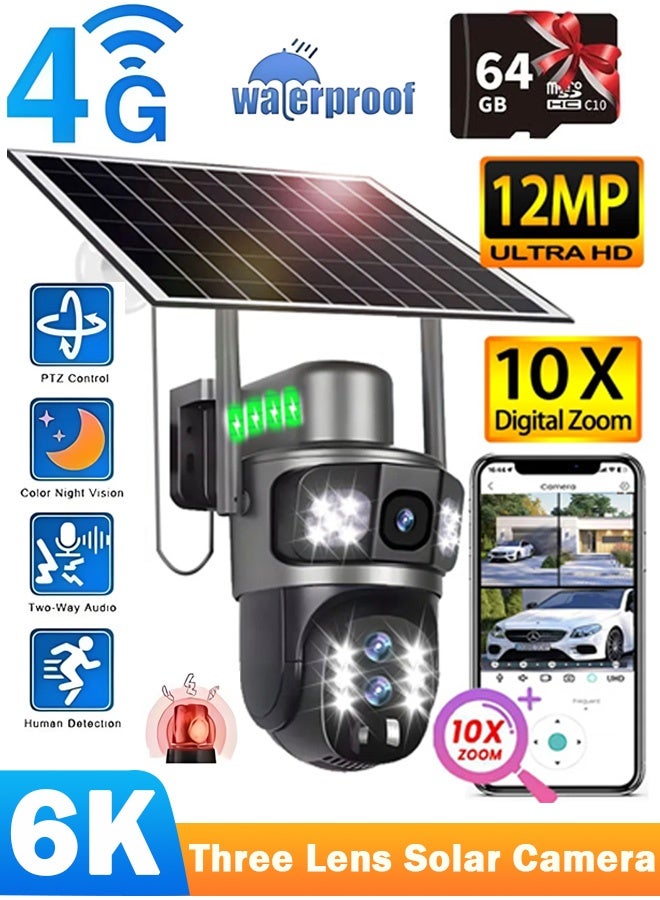 Generic 4G Solar Camera 10X Zoom 12MP 6K Three Lenses Outdoor Security Camara  PIR Auto Tracking IP Camera Night Vision V380 Pro CCTV Surveillance Camera (With 64GB SD Card)  - Image 1