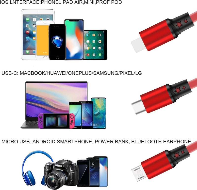 [تم التحديث 2024] حزمة من 3 كابلات شحن متعددة قابلة للسحب، كابل شحن USB 3 في 1 مع منفذ USB C/Micro USB/هاتف، طول 3.3 قدم، كابل شحن لهاتف 15 14 13 12 11 XS XR X 8 7، جالاكسي (أحمر) - Image 2