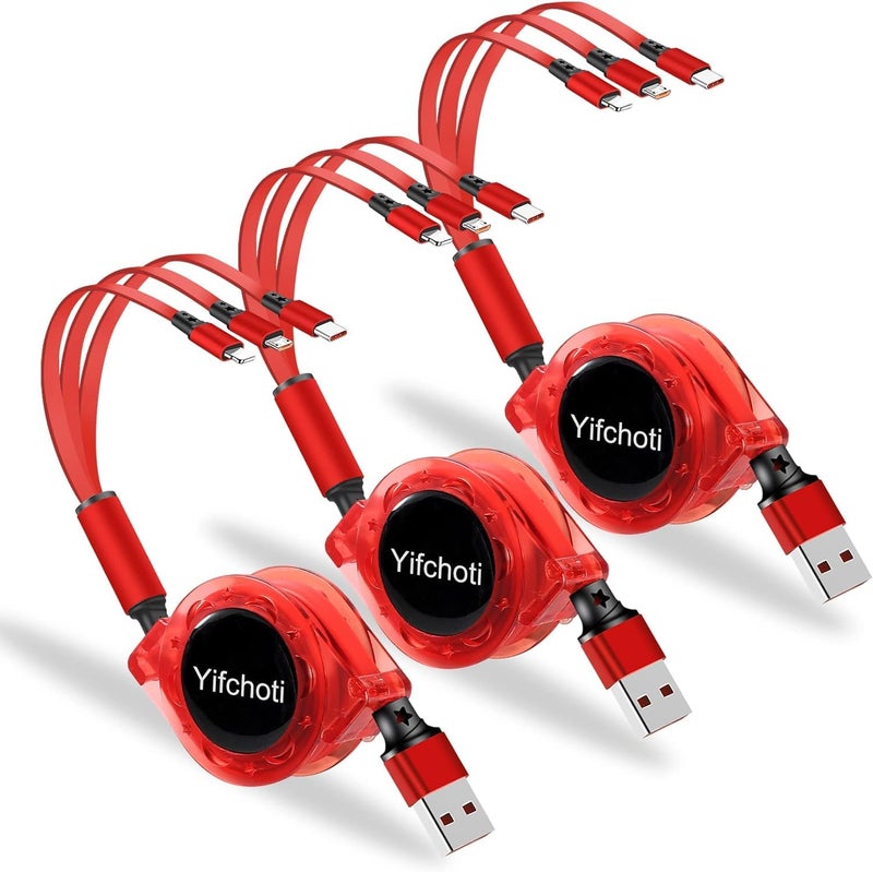 [تم التحديث 2024] حزمة من 3 كابلات شحن متعددة قابلة للسحب، كابل شحن USB 3 في 1 مع منفذ USB C/Micro USB/هاتف، طول 3.3 قدم، كابل شحن لهاتف 15 14 13 12 11 XS XR X 8 7، جالاكسي (أحمر) - Image 1