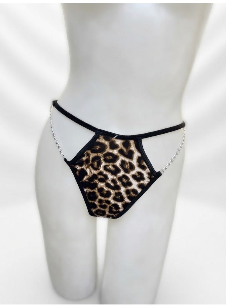 Leopard Print Chain Detail Thong & Low-Rise Brief