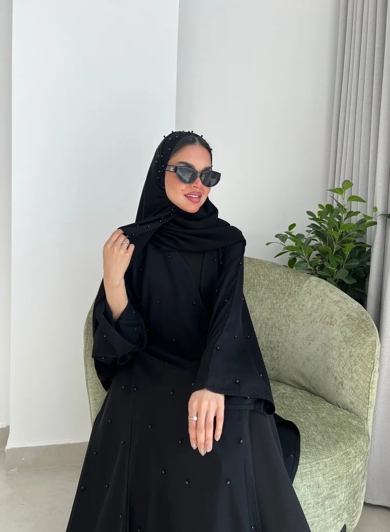 Lusin Abaya Flared Abaya with All-Over Black Pearls