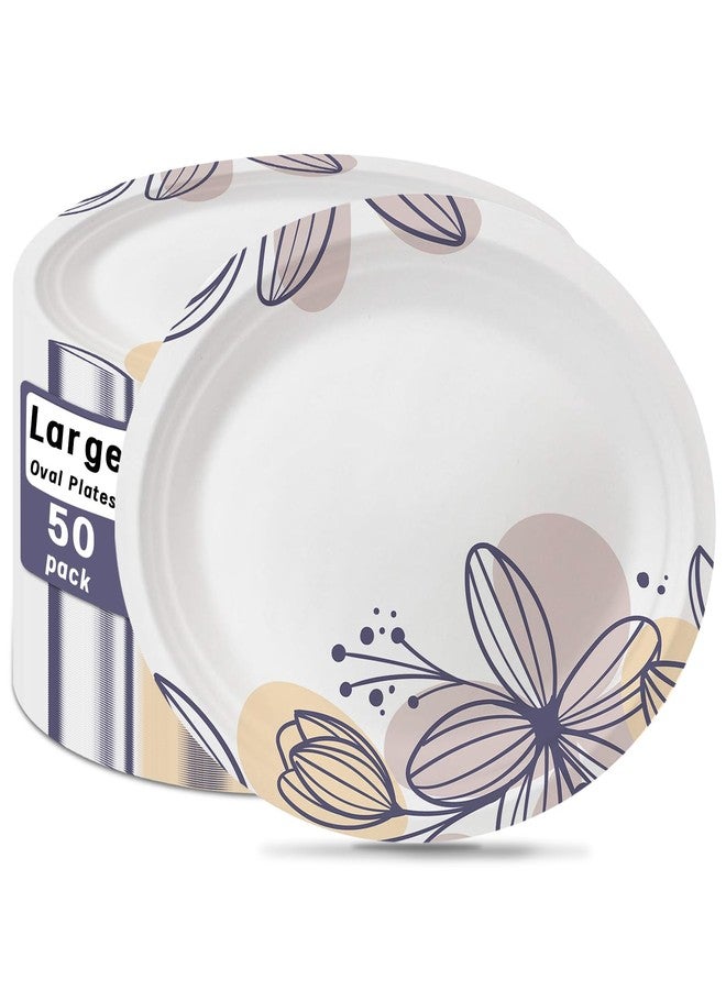 VEIZEDD Oval Paper Plates 12 inch White Disposable Dinner Plates| Heavy Duty Paper Plates Bulk -Blue Flower Printed Party Plates for BBQ, Mother's Day, Gathering, and Picnic,50 Pack - Image 1