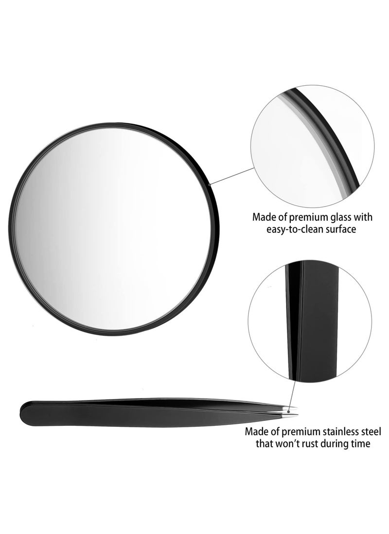 Arabest - Mirror, 3.5 Inch 20X Mirror & 10X Magnifier Mirrors with 2 Suction Cups, Small Travel Magnifying Mirror and Tweezers Kit for Eyebrow Tweezing, Blackhead Blemish Removal (Black) - Image 1