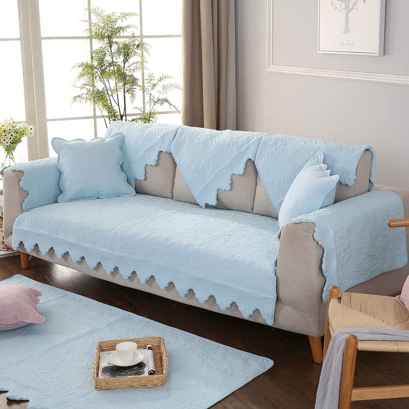 XSlive Cotton Embroidery Couch Sofa Cover Leaf and Floral Pattern Nonslip Quilted Furniture Protector Slipcover for Dogs, Children, Pets Sofa Slipcover Machine Washable (Blue,28"x28") - Image 4