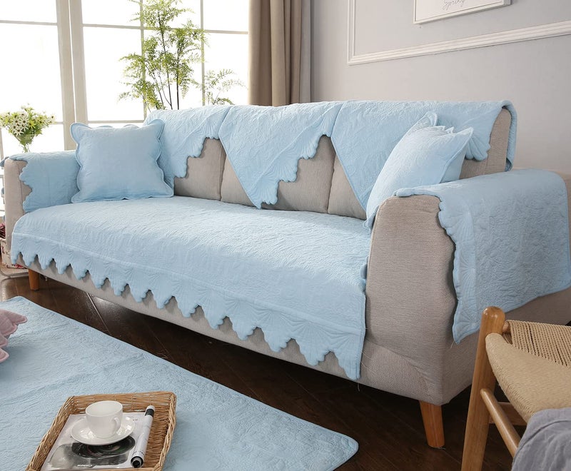 XSlive Cotton Embroidery Couch Sofa Cover Leaf and Floral Pattern Nonslip Quilted Furniture Protector Slipcover for Dogs, Children, Pets Sofa Slipcover Machine Washable (Blue,28"x28") - Image 3