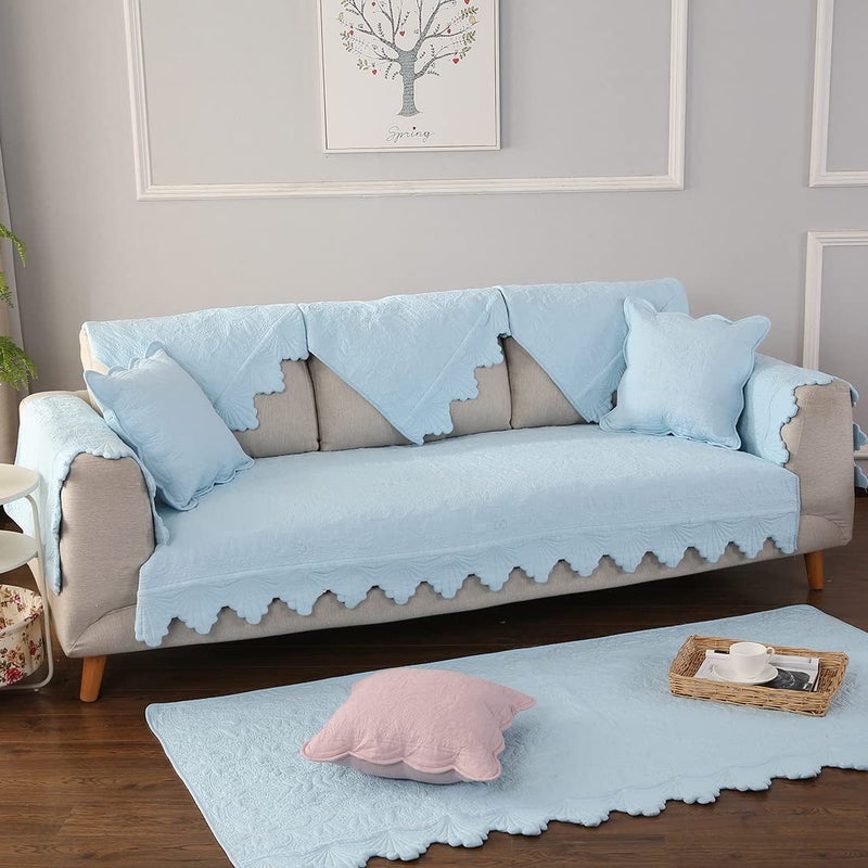 XSlive Cotton Embroidery Couch Sofa Cover Leaf and Floral Pattern Nonslip Quilted Furniture Protector Slipcover for Dogs, Children, Pets Sofa Slipcover Machine Washable (Blue,28"x28") - Image 5