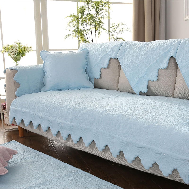 XSlive Cotton Embroidery Couch Sofa Cover Leaf and Floral Pattern Nonslip Quilted Furniture Protector Slipcover for Dogs, Children, Pets Sofa Slipcover Machine Washable (Blue,28"x28") - Image 1