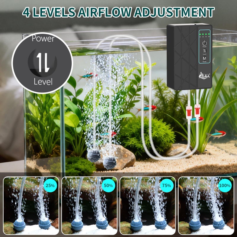 AQQA Aquarium Air Pump 80GPH, USB Rechargeable Battery Powered Fish Tank Air Pump, Adjustable Air Flow Silent Aerator Oxygen Pump for Outdoor Fishing Indoor Power Outages Up to 120 Gallons Tank 4W - Image 5