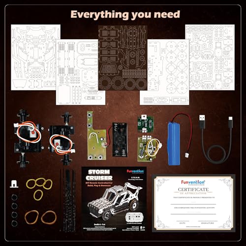 Funvention DIY Storm Cruiser Remote Controlled Car Kit | Build & Race Wooden RC Car Model | Glue-Less Assembly | Dual Motors, 2.4GHz Remote, Rechargeable Battery | STEM Learning Toy for Kids 8+ - Image 5