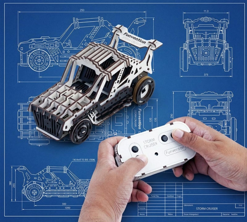 Funvention DIY Storm Cruiser Remote Controlled Car Kit | Build & Race Wooden RC Car Model | Glue-Less Assembly | Dual Motors, 2.4GHz Remote, Rechargeable Battery | STEM Learning Toy for Kids 8+ - Image 2
