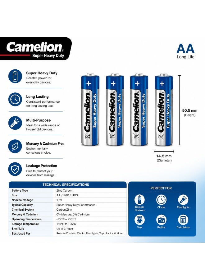 Camelion AA Super Heavy Duty Batteries 4 Pack, 1.5V Zinc Carbon Double A Batteries for Household Electronics, Toys, Clocks & Remote Controls - Image 2