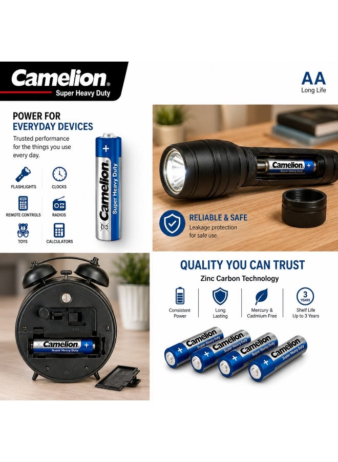 Camelion AA Super Heavy Duty Batteries 4 Pack, 1.5V Zinc Carbon Double A Batteries for Household Electronics, Toys, Clocks & Remote Controls - Image 4