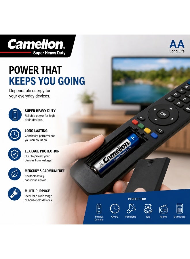 Camelion AA Super Heavy Duty Batteries 4 Pack, 1.5V Zinc Carbon Double A Batteries for Household Electronics, Toys, Clocks & Remote Controls - Image 3