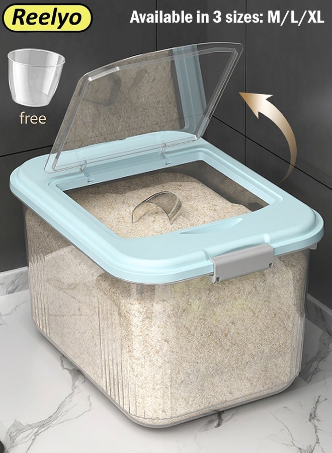 Reelyo Sealed Rice Bucket with Measuring Cup, 8/13/18KG Clear Food Dispenser Rice Container, Transparent Storage Container for Cereal, Cereal Dry Food Storage Containers, Moisture-Proof Rice Storage Bucket, BPA-Free Household Rice Holder Bin Large Capacity Grain Container for Flour, Sugar, Oatmeal, Soybean, Cereals Kitchen Pantry Organization and Storage - Image 1