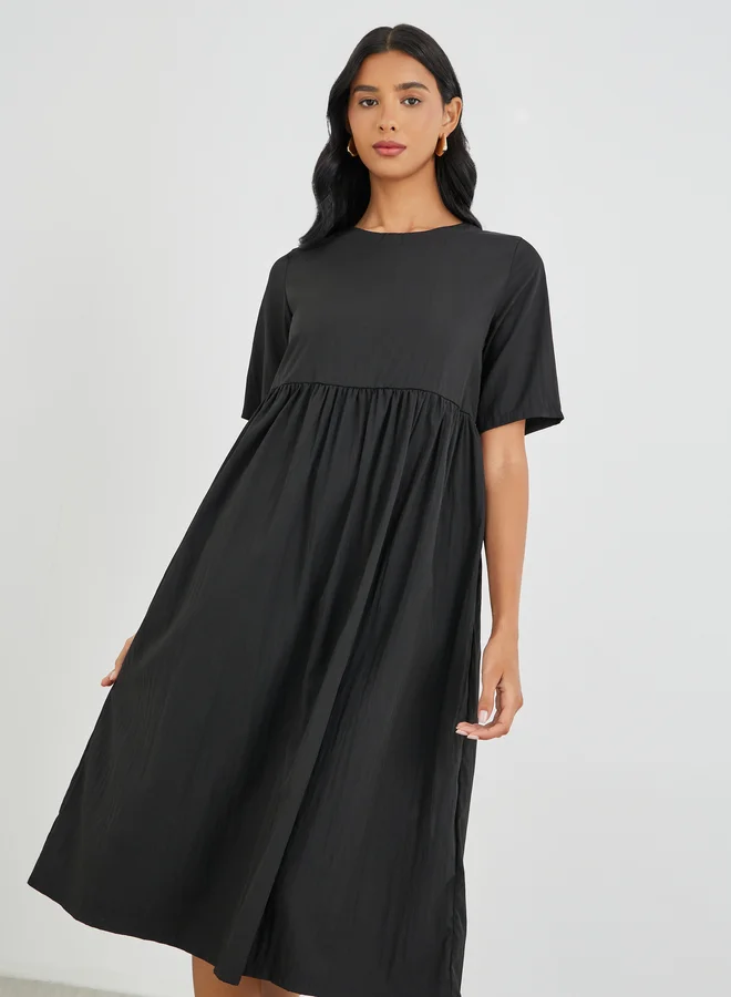 Take Two Take Two Solid Short Sleeve Round Neck A-Line Midi Dress