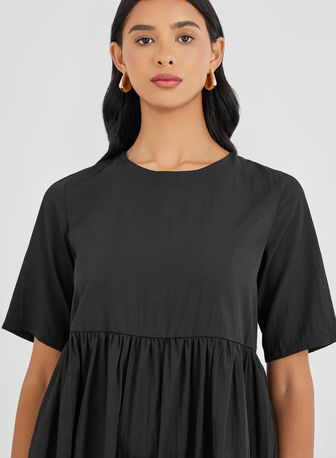 Take Two Take Two Solid Short Sleeve Round Neck A-Line Midi Dress