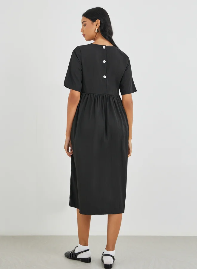 Take Two Take Two Solid Short Sleeve Round Neck A-Line Midi Dress