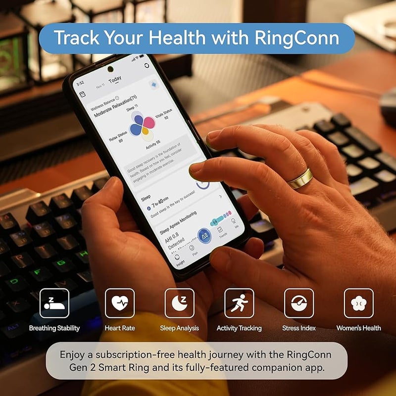 RingConn Gen 2, World’s First Smart Ring with Sleep Apnea Monitoring, No APP Subscription, 12-Day Battery Life, Stress/Heart Rate/Women's Health Tracker, Android & iOS Compatible (Gold, Size 8) - Image 3