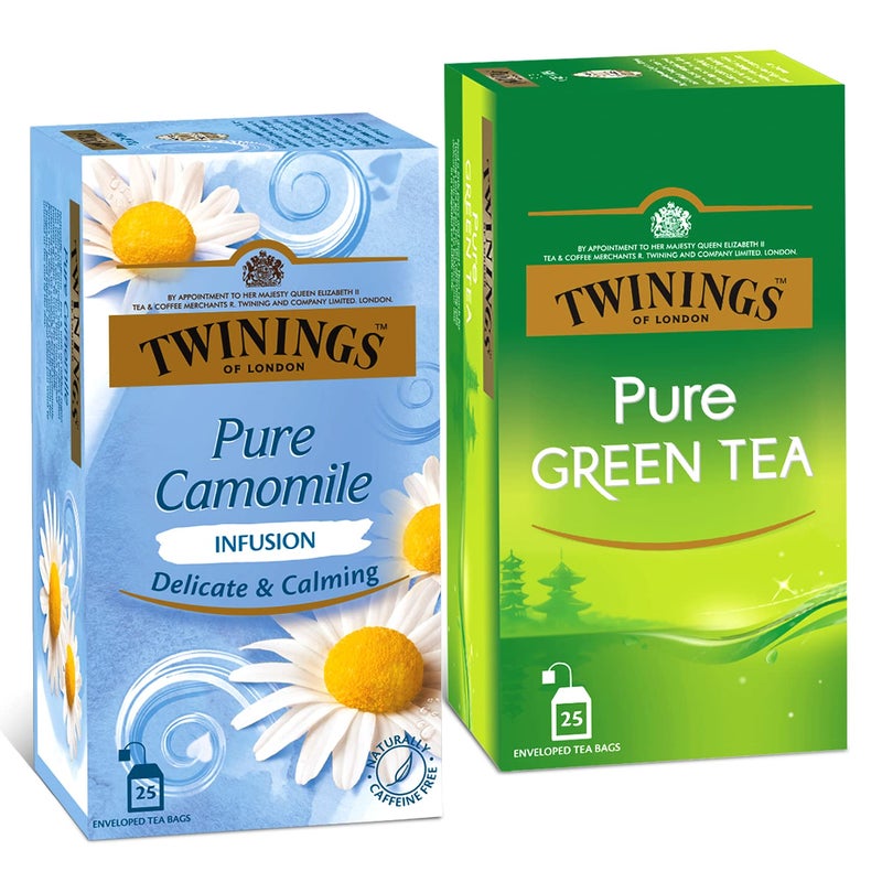 Twinings Pure Green & Pure Camomile Tea, Green & Herbal Infusion Two Tea Combo Pack, Caffeine Free Herbal Tea for Anxiety & Stress Relief, Sugar-Free, 25 Teabags Each - Image 1