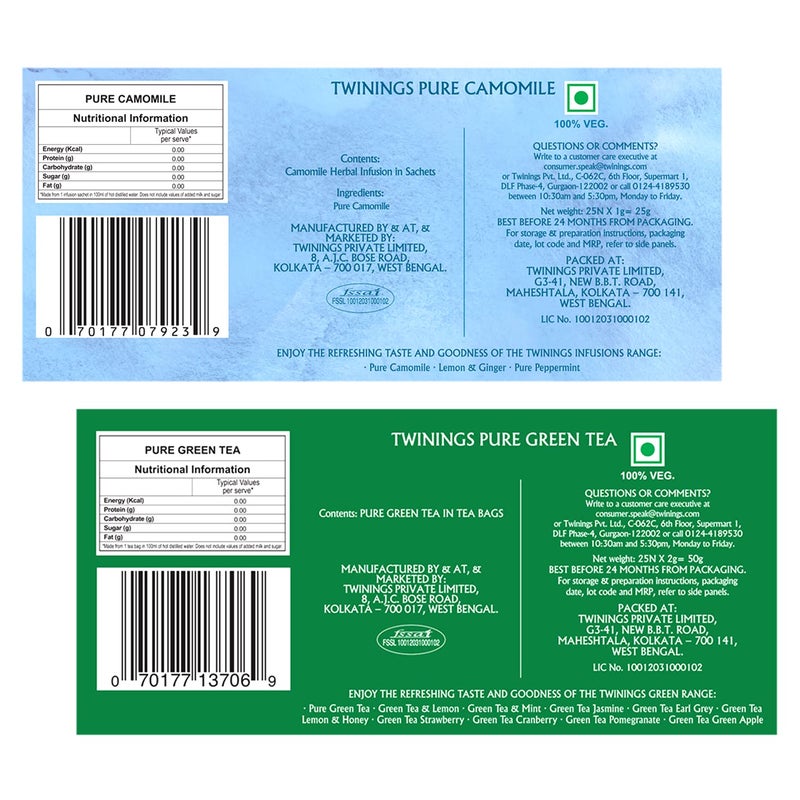 Twinings Pure Green & Pure Camomile Tea, Green & Herbal Infusion Two Tea Combo Pack, Caffeine Free Herbal Tea for Anxiety & Stress Relief, Sugar-Free, 25 Teabags Each - Image 2