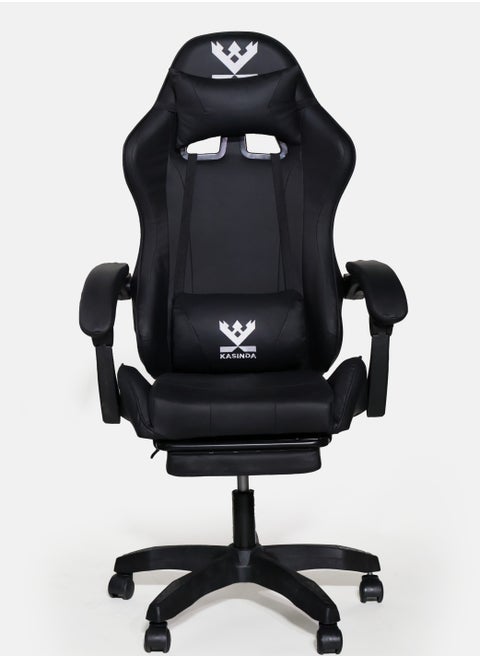 A swivel leather gaming and video gaming chair with a backrest and lumbar support