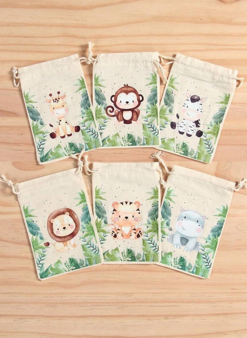 Fabric Bags for Gift and Candy Distributions for Birthday Parties and baby showers, 6 pieces with a Cute Animals paint - Image 4