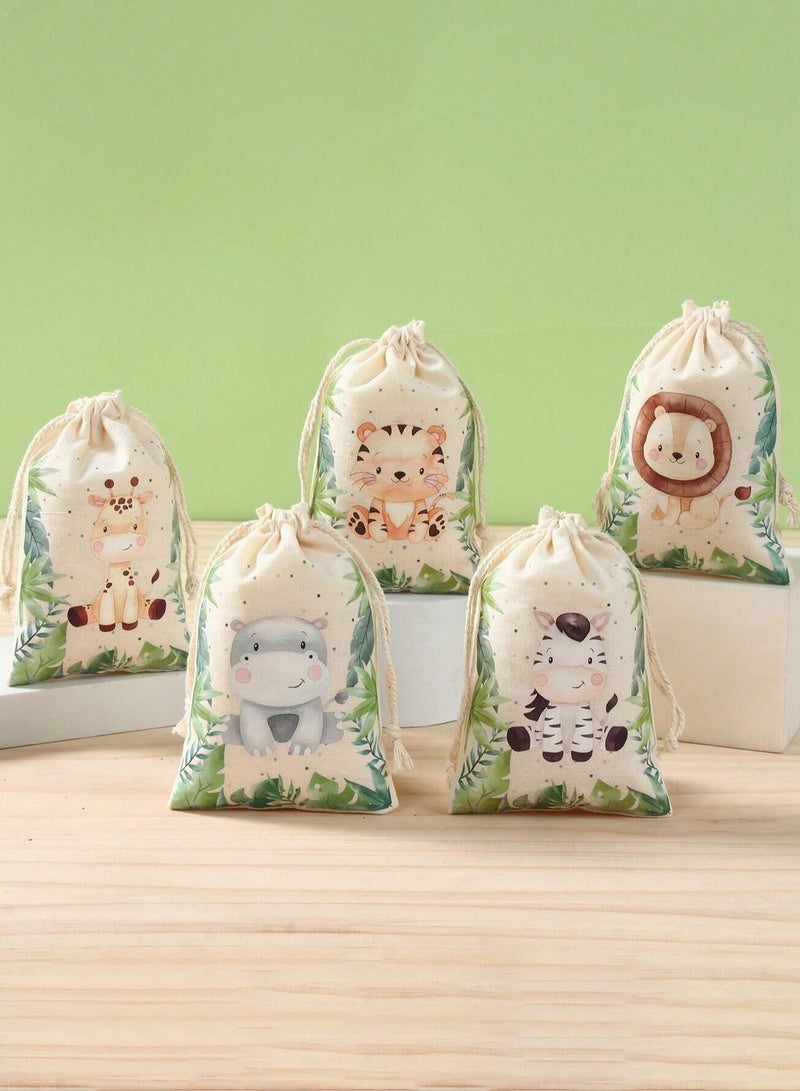Fabric Bags for Gift and Candy Distributions for Birthday Parties and baby showers, 6 pieces with a Cute Animals paint - Image 5