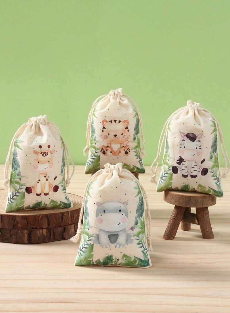 Fabric Bags for Gift and Candy Distributions for Birthday Parties and baby showers, 6 pieces with a Cute Animals paint - Image 1