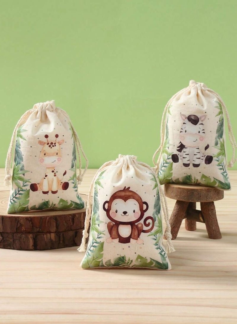 Fabric Bags for Gift and Candy Distributions for Birthday Parties and baby showers, 6 pieces with a Cute Animals paint - Image 2