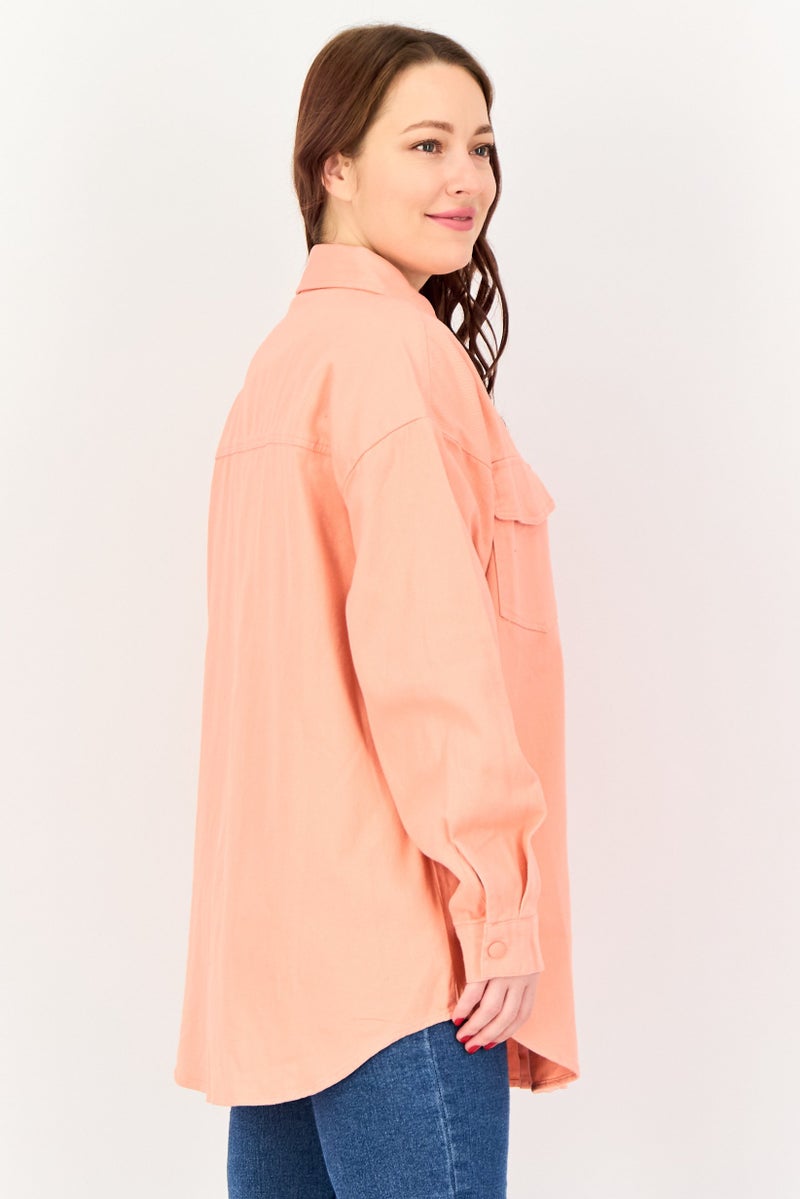 bebe Women Plain Denim Jacket Shirt, Peach - Image 4