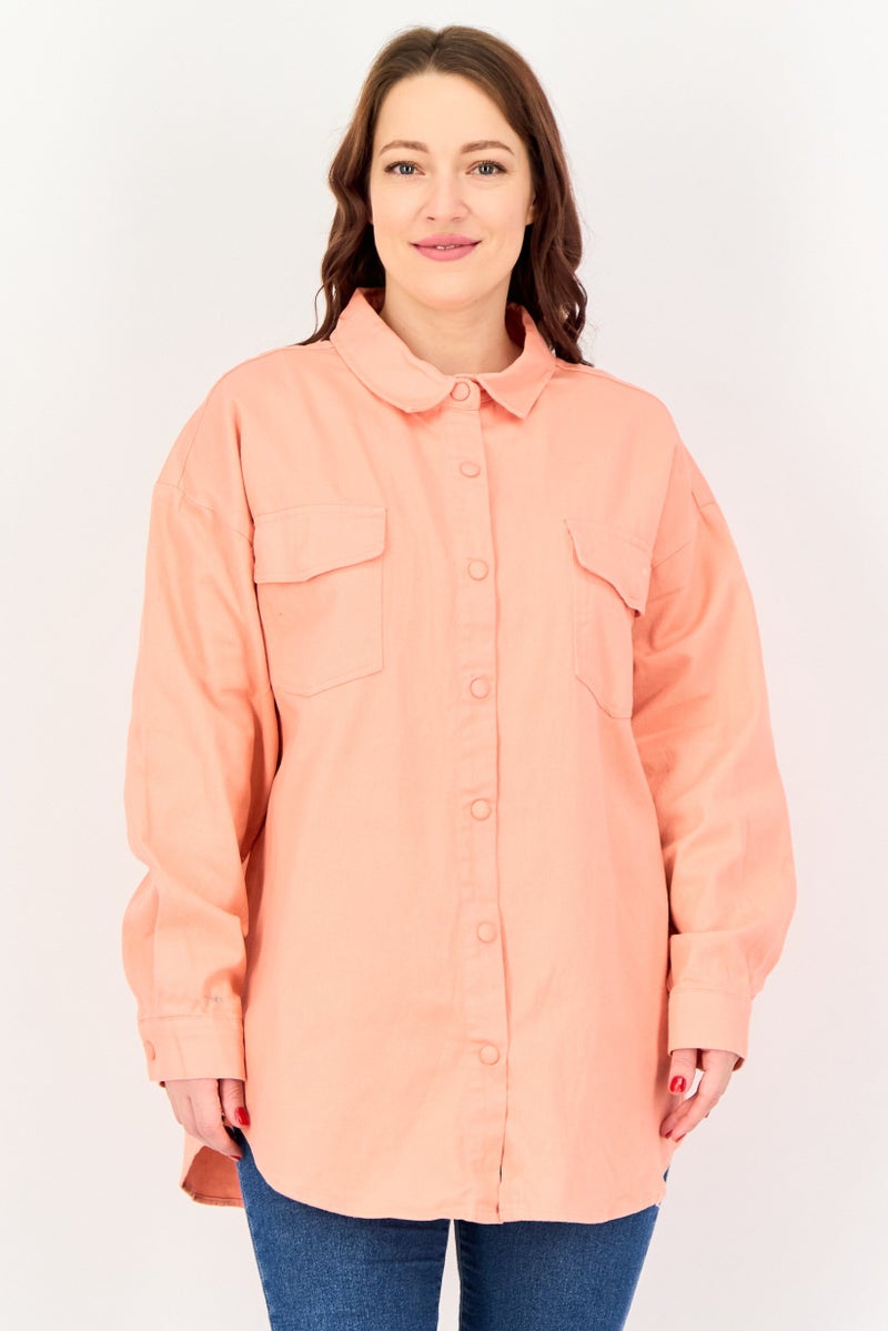 bebe Women Plain Denim Jacket Shirt, Peach - Image 1