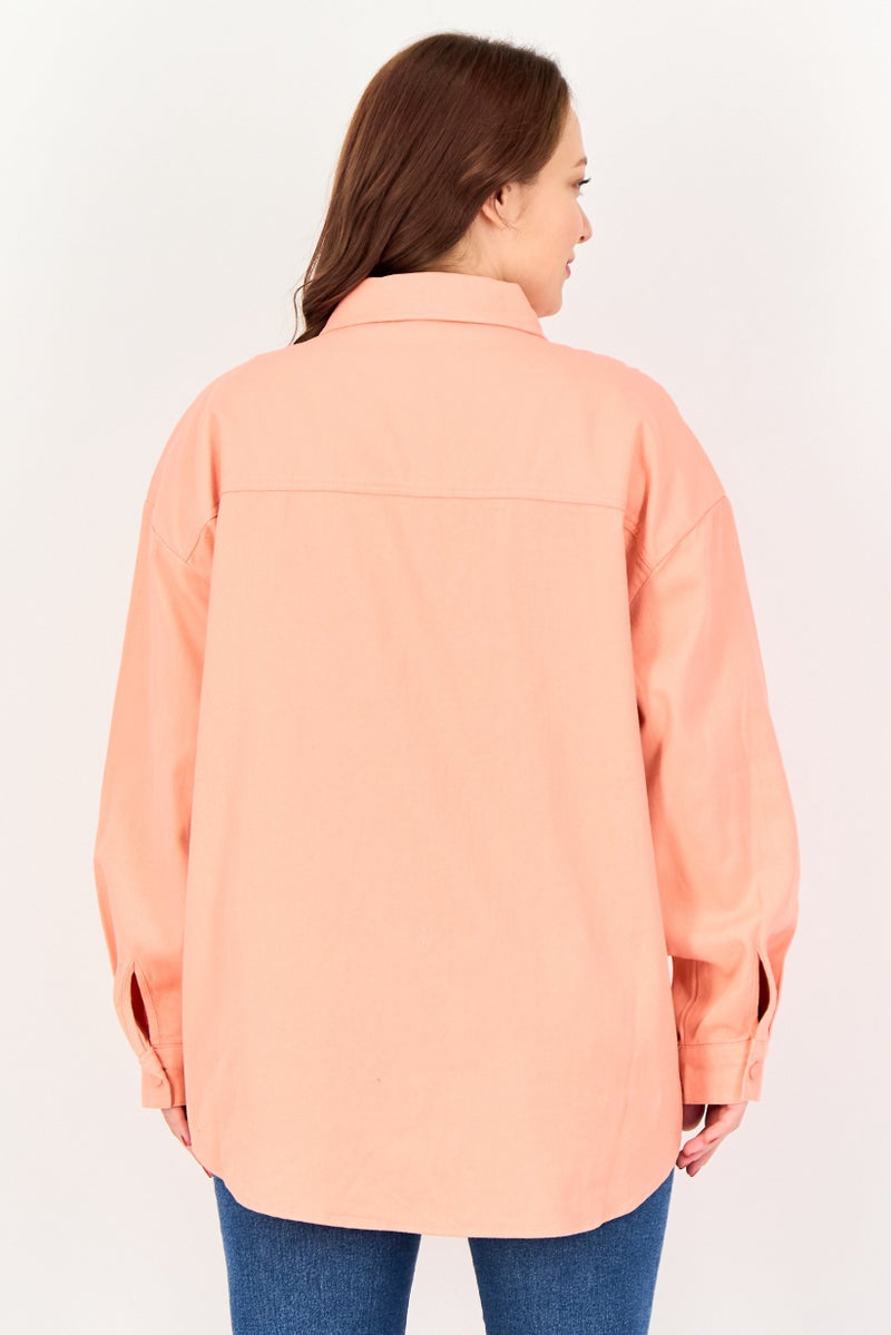 bebe Women Plain Denim Jacket Shirt, Peach - Image 3