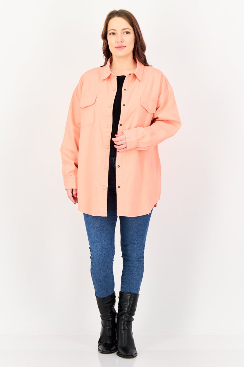 bebe Women Plain Denim Jacket Shirt, Peach - Image 2