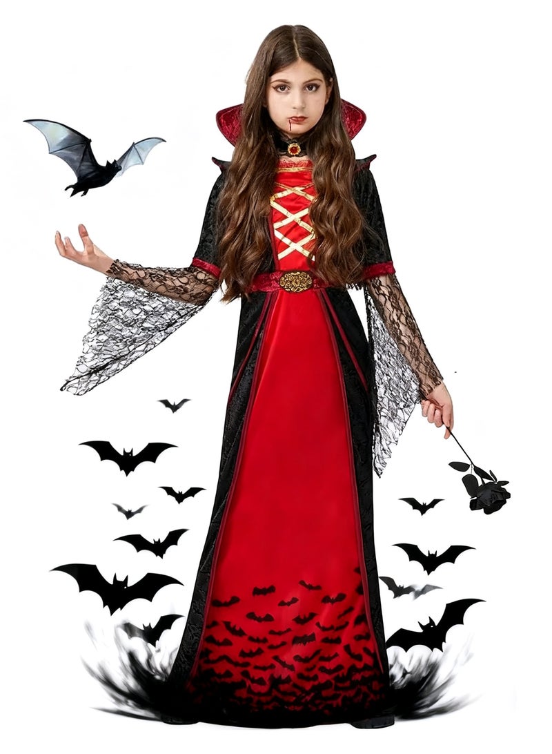 Halloween Costume for Kids, Girls Deluxe Vampire Witch Costume, Gothic Style Dress, Black and Red, Vintage Stand Neck with Lace Sleeves, for Halloween Party Fancy Dress Cosplay Outfit - Image 1