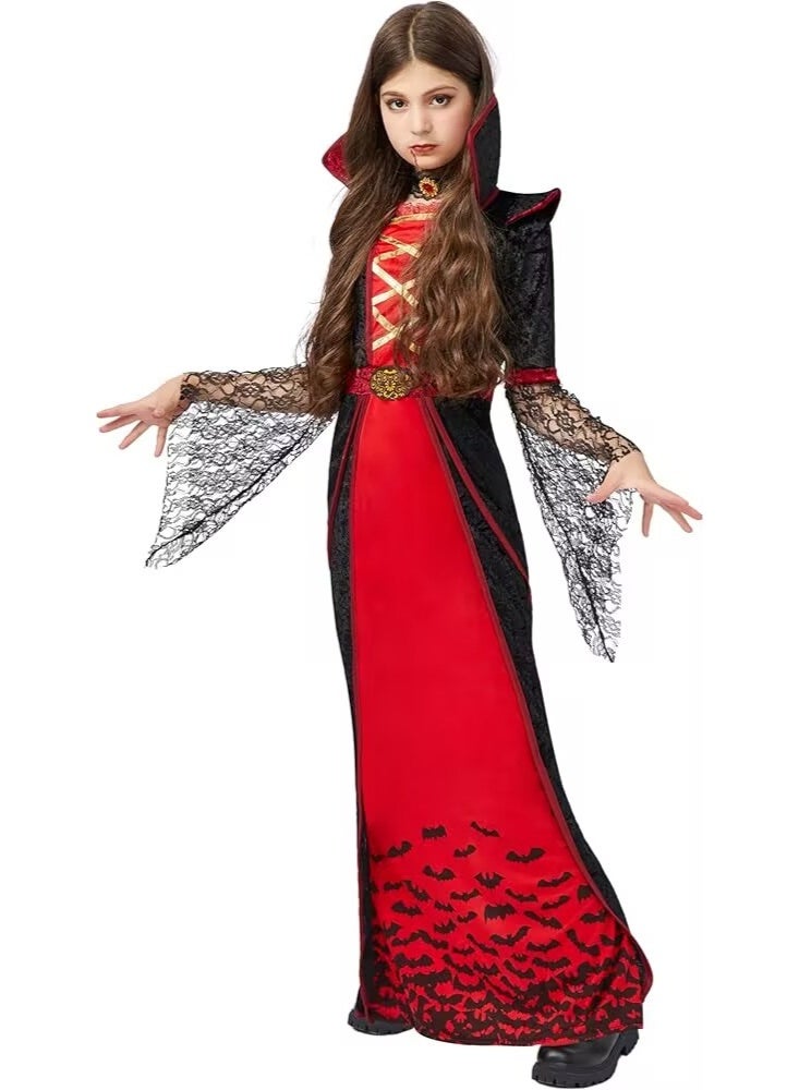 Halloween Costume for Kids, Girls Deluxe Vampire Witch Costume, Gothic Style Dress, Black and Red, Vintage Stand Neck with Lace Sleeves, for Halloween Party Fancy Dress Cosplay Outfit - Image 5