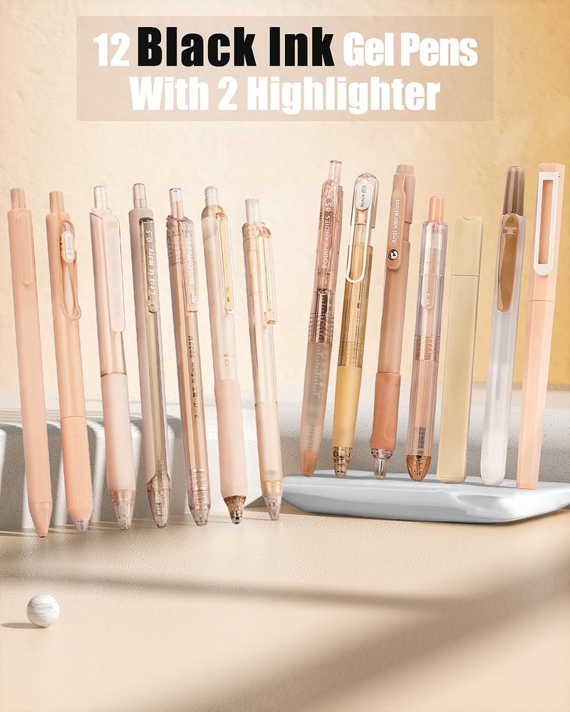 Four Candies 14Pack Pastel Gel Ink Pen Set,Cute Retractable 0.5mm Fine Point Pen,Note Taking Aesthetic Pens,12 Pack Black Ink Pens with 2Pack Highlighter, Smooth Writing Pens for School, Office-Brown - Image 2