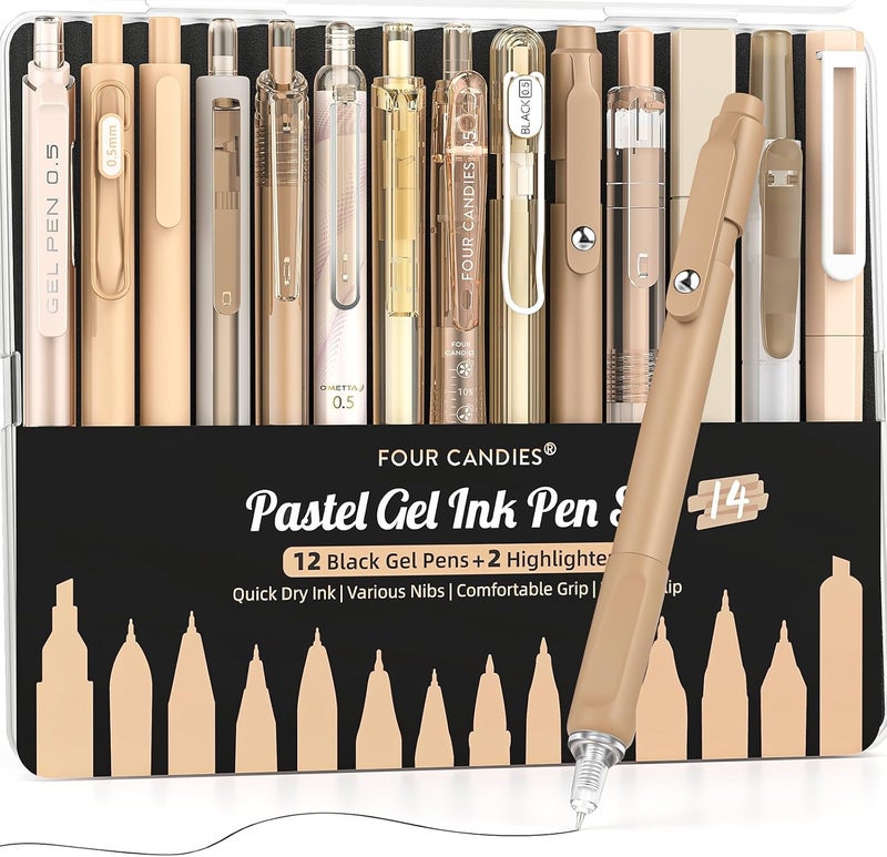 Four Candies 14Pack Pastel Gel Ink Pen Set,Cute Retractable 0.5mm Fine Point Pen,Note Taking Aesthetic Pens,12 Pack Black Ink Pens with 2Pack Highlighter, Smooth Writing Pens for School, Office-Brown - Image 1