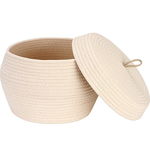 Sea Team Round Cotton Rope Storage Basket with Lid Decorative Woven Storage Bin Pot Caddy Organizer Container for Snacks Towels Plants 13 x 9 Inches Large Cream