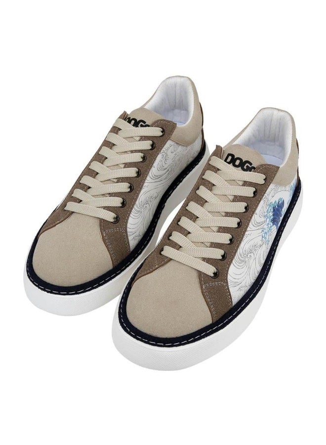 Dogo Men's Vegan Leather Beige Sneakers - Japanese Waves Design. - Image 1