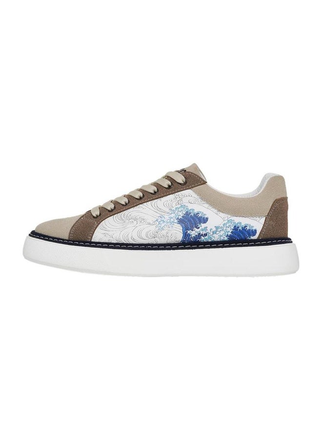 Dogo Men's Vegan Leather Beige Sneakers - Japanese Waves Design. - Image 3