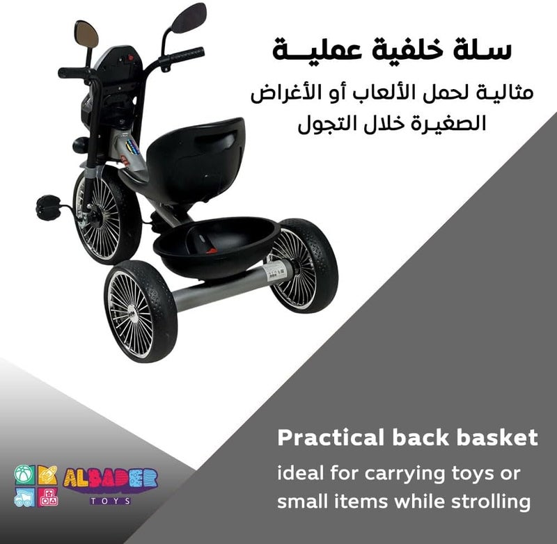 دراجة ALBADER بتصميم دراجة نارية، دراجة ثلاثية العجلات مع أضواء وتأثيرات موسيقية، دراجة أطفال للبنين والبنات، هدية رائعة للأطفال، دراجة ثلاثية للأطفال (مجمعة، فضي) - Image 4