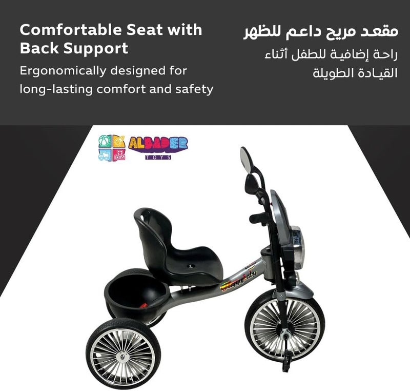 دراجة ALBADER بتصميم دراجة نارية، دراجة ثلاثية العجلات مع أضواء وتأثيرات موسيقية، دراجة أطفال للبنين والبنات، هدية رائعة للأطفال، دراجة ثلاثية للأطفال (مجمعة، فضي) - Image 3